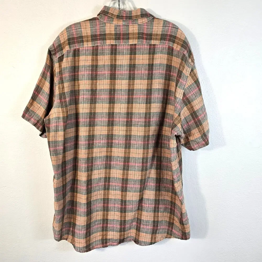J Crew Shirt Men's L Orange Multi Linen Short Sleeve Beach Coastal Casual Preppy
